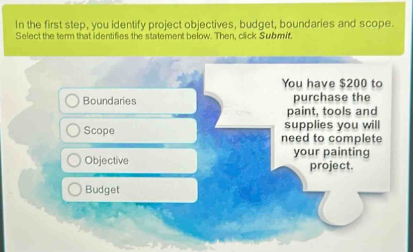 in the first step, you identify project objectives, budget, boundaries and scope. select the term that identifies the statement below. then, click submit. you have $200 to purchase the paint, tools and supplies you will need to complete your painting project. boundaries scope objective budget