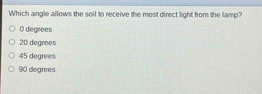which angle allows the soil to receive the most direct light from the lamp?\n0 degrees\n20 degrees\n45 degrees\n90 degrees