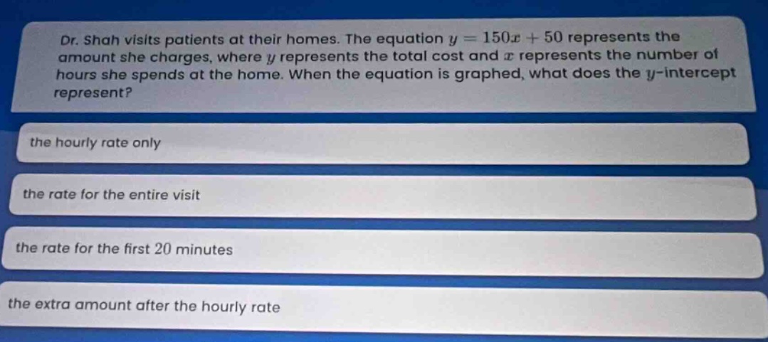 dr. shah visits patients at their homes. the equation y = 150x + 50 represents the amount she charges, where y represents the total cost and x represents the number of hours she spends at the home. when the equation is graphed, what does the y - intercept represent?\nthe hourly rate only\nthe rate for the entire visit\nthe rate for the first 20 minutes\nthe extra amount after the hourly rate