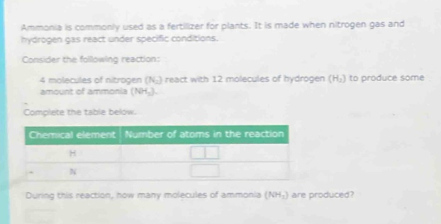 ammonia is commonly used as a fertilizer for plants. it is made when nitrogen gas and hydrogen gas react under specific conditions.\nconsider the following reaction:\n4 molecules of nitrogen (n₂) react with 12 molecules of hydrogen (h₂) to produce some amount of ammonia (nh₃).\ncomplete the table below.\n| chemical element | number of atoms in the reaction |\n| ---- | ---- |\n| h | |\n| n | |\nduring this reaction, how many molecules of ammonia (nh₃) are produced?