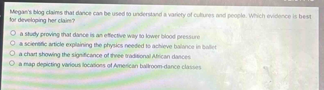 megans blog claims that dance can be used to understand a variety of cultures and people. which evidence is best for developing her claim?\n○ a study proving that dance is an effective way to lower blood pressure\n○ a scientific article explaining the physics needed to achieve balance in ballet\n○ a chart showing the significance of three traditional african dances\n○ a map depicting various locations of american ballroom - dance classes