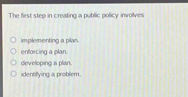 the first step in creating a public policy involves\nimplementing a plan.\nenforcing a plan.\ndeveloping a plan.\nidentifying a problem.