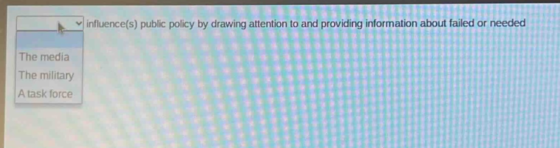 influence(s) public policy by drawing attention to and providing information about failed or needed\nthe media\nthe military\na task force