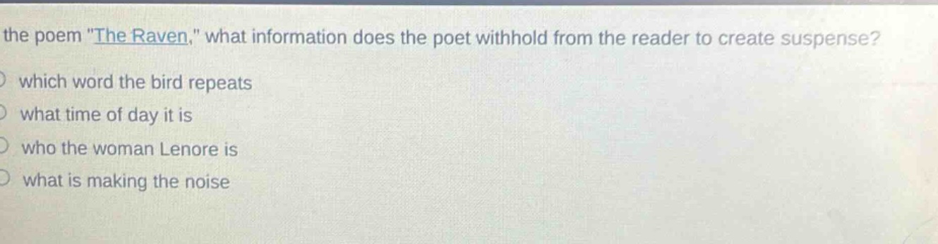 in the poem \the raven,\ what information does the poet withhold from the reader to create suspense?\nwhich word the bird repeats\nwhat time of day it is\nwho the woman lenore is\nwhat is making the noise