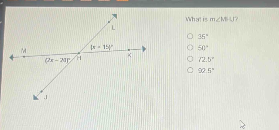 what is m∠mhj?\n35°\n50°\n72.5°\n92.5°\n(2x - 20)°\n(x + 15)°