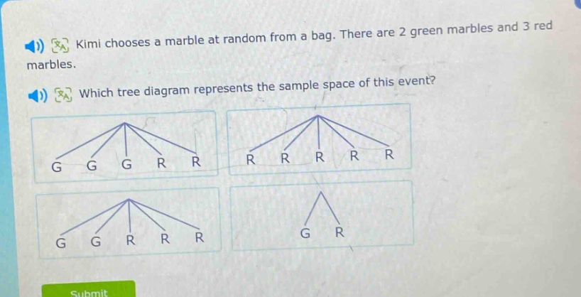 kimi chooses a marble at random from a bag. there are 2 green marbles and 3 red marbles. which tree diagram represents the sample space of this event?