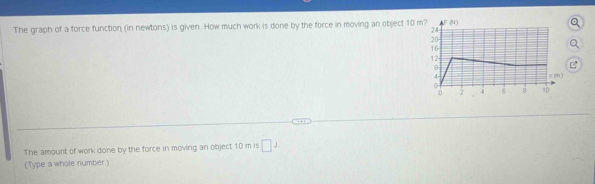 the graph of a force function (in newtons) is given. how much work is done by the force in moving an object 10 m? the amount of work done by the force in moving an object 10 m is j. (type a whole number.)