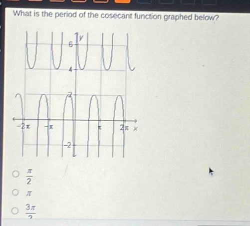 what is the period of the cosecant function graphed below?\n-2π -π π 2π x\n6\n4\n2\n-2\no $\frac{pi}{2}$\no π\no $\frac{3pi}{2}$