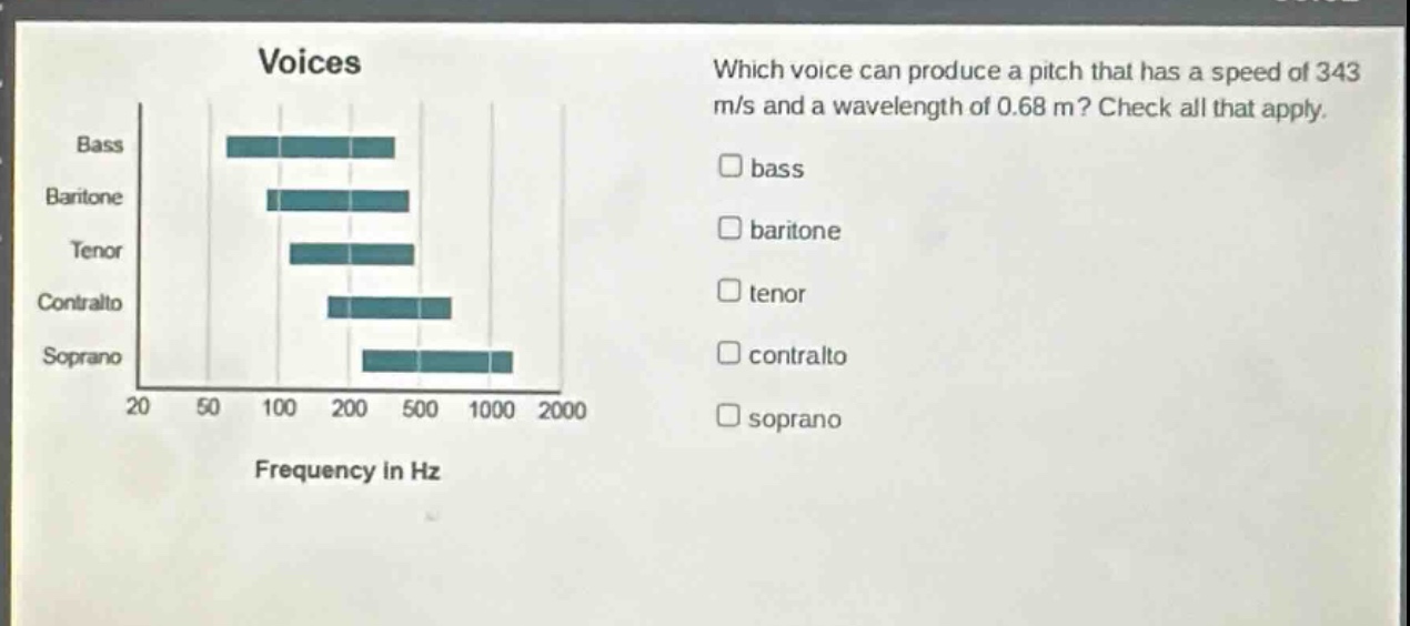voices\nwhich voice can produce a pitch that has a speed of 343 m/s and a wavelength of 0.68 m? check all that apply.\nbass\nbaritone\ntenor\ncontralto\nsoprano\nfrequency in hz