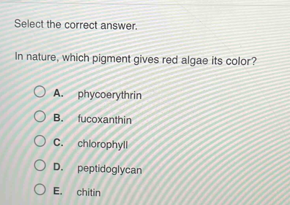 select the correct answer.\nin nature, which pigment gives red algae its color?\na. phycoerythrin\nb. fucoxanthin\nc. chlorophyll\nd. peptidoglycan\ne. chitin