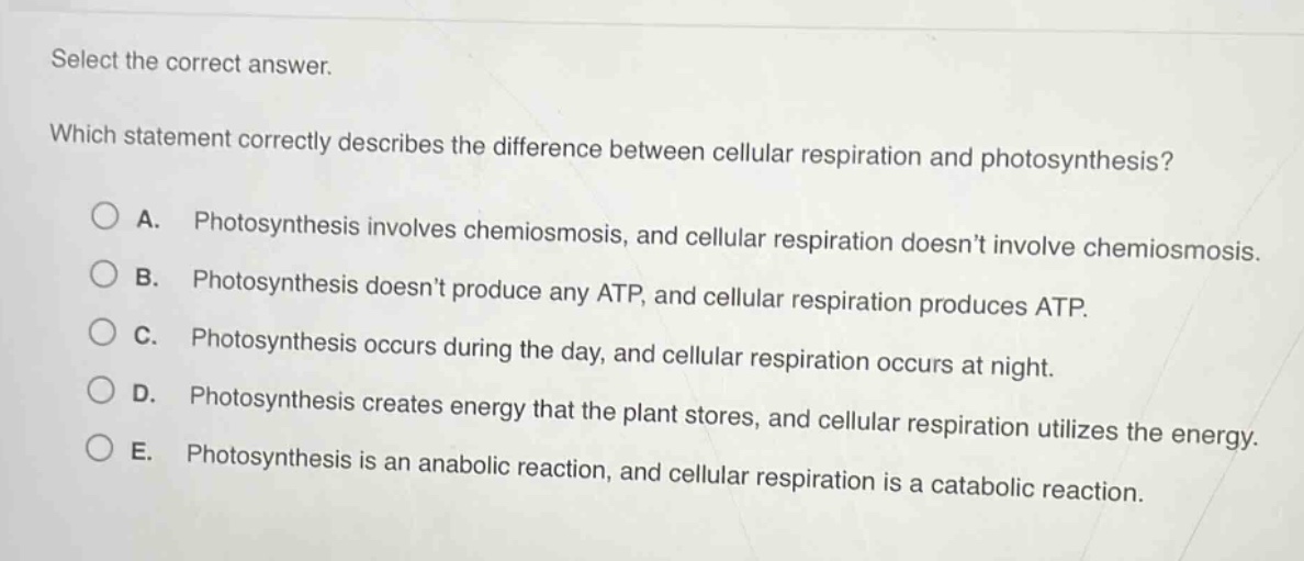 select the correct answer.\nwhich statement correctly describes the difference between cellular respiration and photosynthesis?\na. photosynthesis involves chemiosmosis, and cellular respiration doesnt involve chemiosmosis.\nb. photosynthesis doesnt produce any atp, and cellular respiration produces atp.\nc. photosynthesis occurs during the day, and cellular respiration occurs at night.\nd. photosynthesis creates energy that the plant stores, and cellular respiration utilizes the energy.\ne. photosynthesis is an anabolic reaction, and cellular respiration is a catabolic reaction.