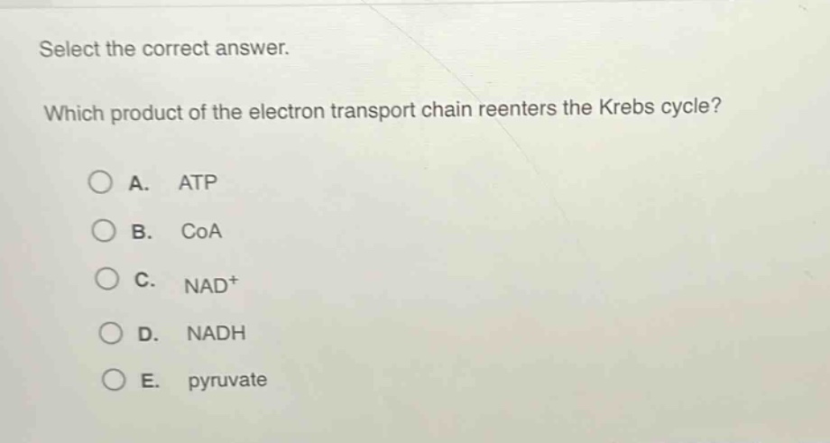 select the correct answer. which product of the electron transport chain reenters the krebs cycle?\na. atp\nb. coa\nc. nad+\nd. nadh\ne. pyruvate