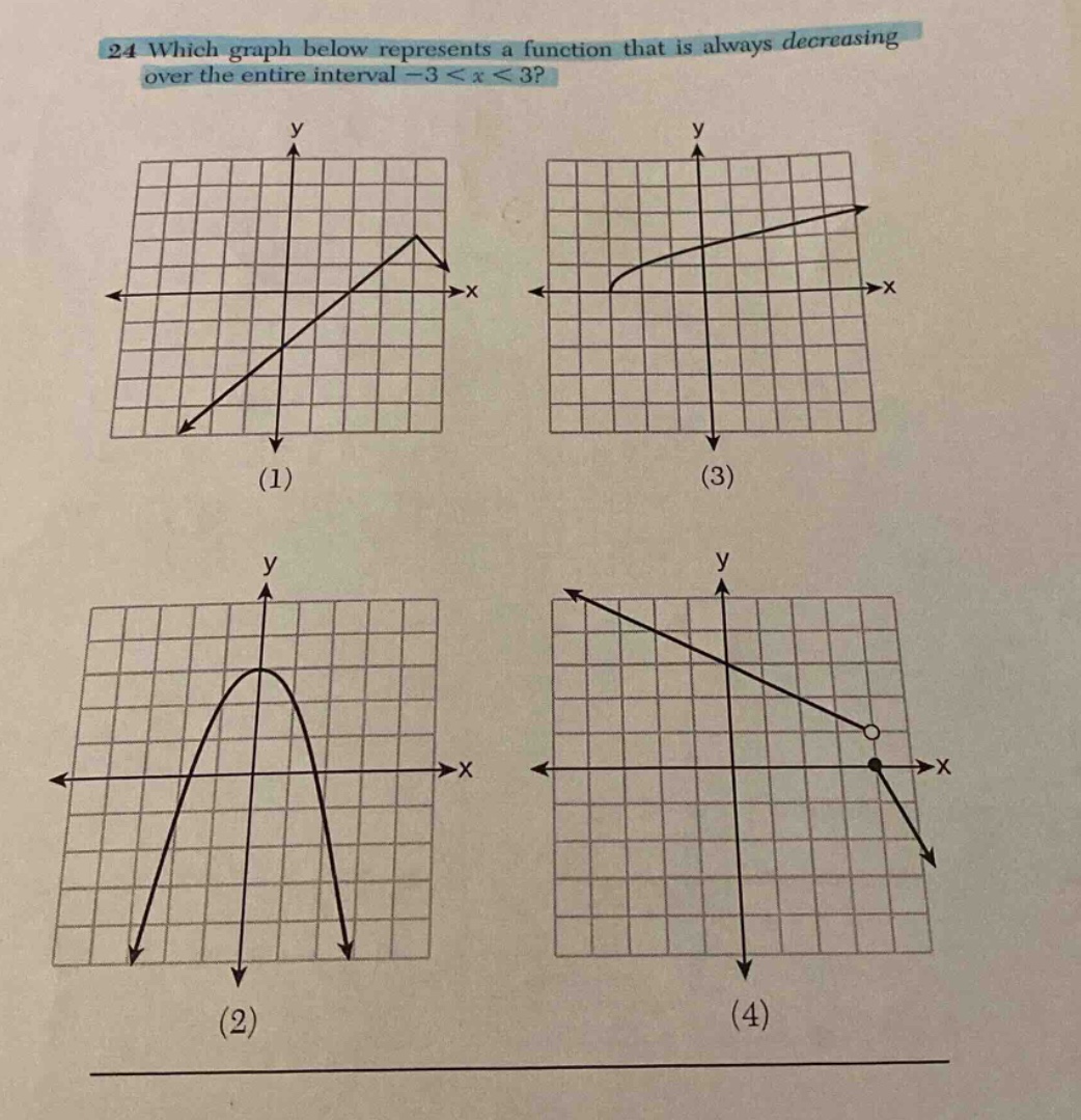 24 which graph below represents a function that is always decreasing over the entire interval -3 < x < 3?