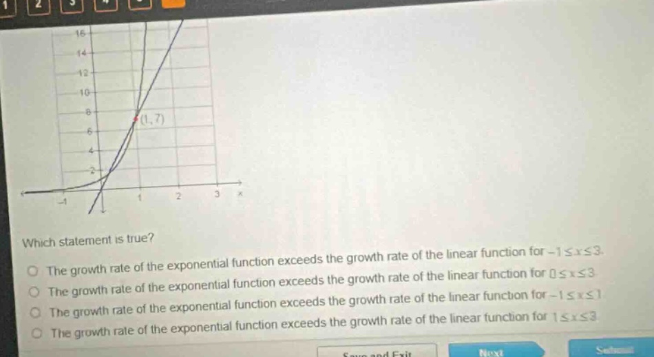 which statement is true?\nthe growth rate of the exponential function exceeds the growth rate of the linear function for - 1≤x≤3.\nthe growth rate of the exponential function exceeds the growth rate of the linear function for 0≤x≤3.\nthe growth rate of the exponential function exceeds the growth rate of the linear function for - 1≤x≤1.\nthe growth rate of the exponential function exceeds the growth rate of the linear function for 1≤x≤3.