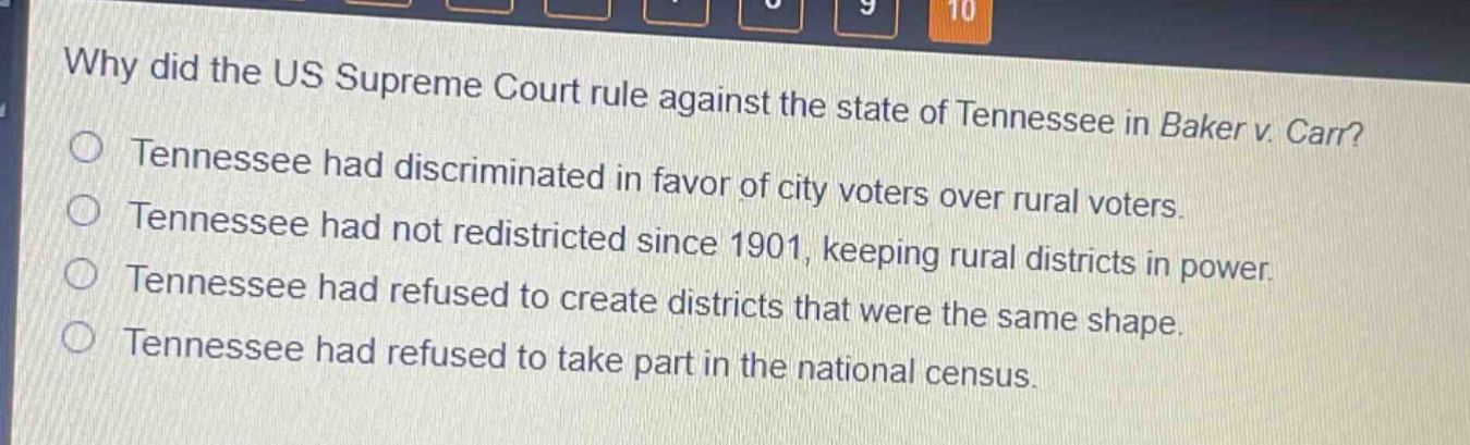 why did the us supreme court rule against the state of tennessee in baker v. carr?\ntennessee had discriminated in favor of city voters over rural voters.\ntennessee had not redistricted since 1901, keeping rural districts in power.\ntennessee had refused to create districts that were the same shape.\ntennessee had refused to take part in the national census.