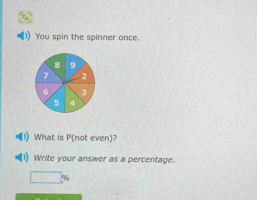 you spin the spinner once. what is p(not even)? write your answer as a percentage.