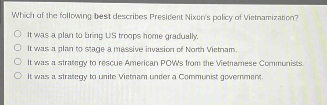 which of the following best describes president nixons policy of vietnamization?\nit was a plan to bring us troops home gradually.\nit was a plan to stage a massive invasion of north vietnam.\nit was a strategy to rescue american pows from the vietnamese communists.\nit was a strategy to unite vietnam under a communist government.