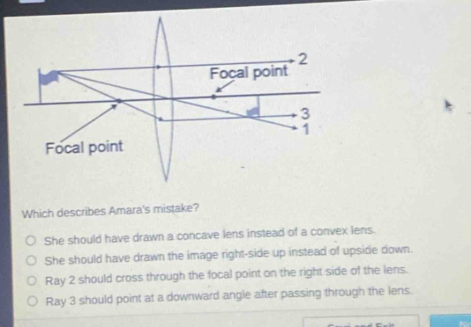 which describes amaras mistake?\nshe should have drawn a concave lens instead of a convex lens.\nshe should have drawn the image right - side up instead of upside down.\nray 2 should cross through the focal point on the right side of the lens.\nray 3 should point at a downward angle after passing through the lens.