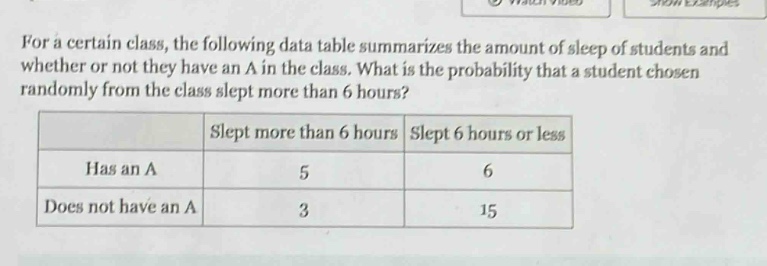 for a certain class, the following data table summarizes the amount of sleep of students and whether or not they have an a in the class. what is the probability that a student chosen randomly from the class slept more than 6 hours?\n| |slept more than 6 hours|slept 6 hours or less|\n|--|--|--|\n|has an a|5|6|\n|does not have an a|3|15|