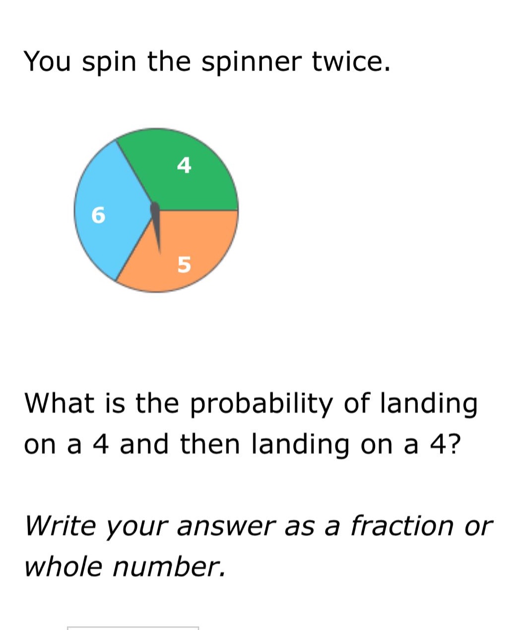 you spin the spinner twice. what is the probability of landing on a 4 and then landing on a 4? write your answer as a fraction or whole number.