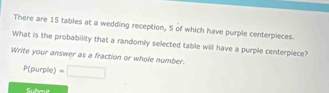 there are 15 tables at a wedding reception, 5 of which have purple centerpieces. what is the probability that a randomly selected table will have a purple centerpiece? write your answer as a fraction or whole number. p(purple) =