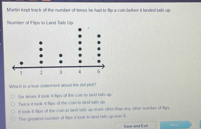 martin kept track of the number of times he had to flip a coin before it landed tails up. number of flips to land tails up which is a true statement about the dot - plot? six times it took 4 flips of the coin to land tails up. twice it took 4 flips of the coin to land tails up. it took 6 flips of the coin to land tails up more often than any other number of flips. the greatest number of flips it took to land tails up was 6.