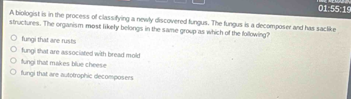 a biologist is in the process of classifying a newly discovered fungus. the fungus is a decomposer and has sac - like structures. the organism most likely belongs in the same group as which of the following?\no fungi that are rusts\no fungi that are associated with bread mold\no fungi that makes blue cheese\no fungi that are autotrophic decomposers
