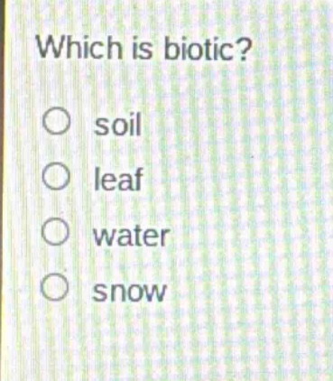 which is biotic?\no soil\no leaf\no water\no snow