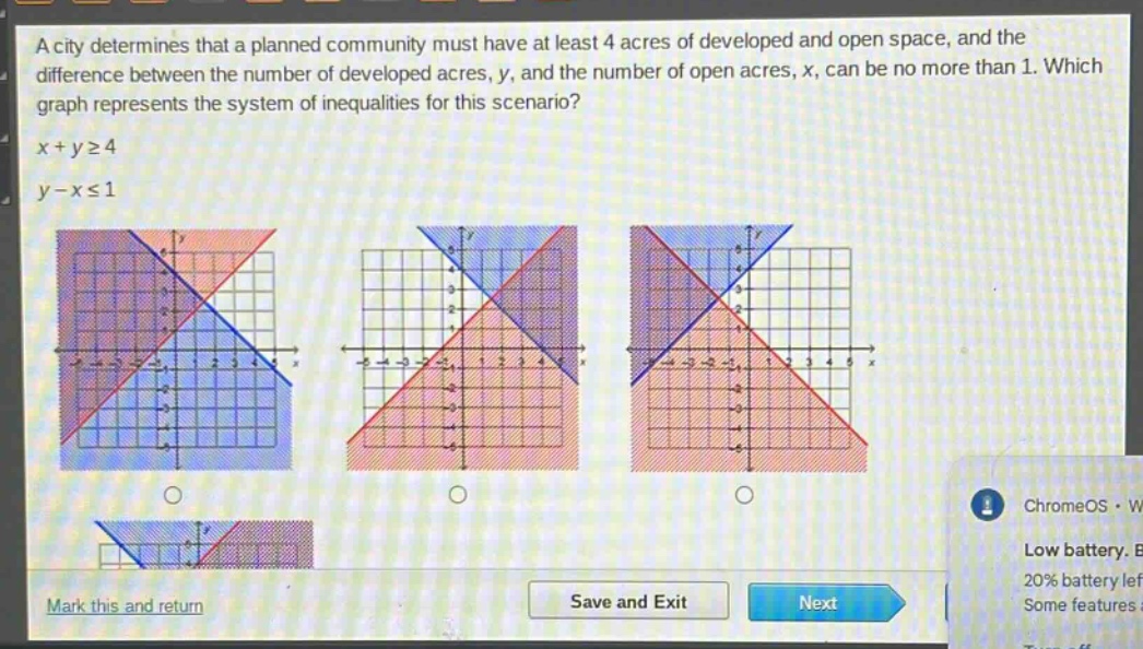 a city determines that a planned community must have at least 4 acres of developed and open space, and the difference between the number of developed acres, y, and the number of open acres, x, can be no more than 1. which graph represents the system of inequalities for this scenario?\nx + y≥4\ny - x≤1