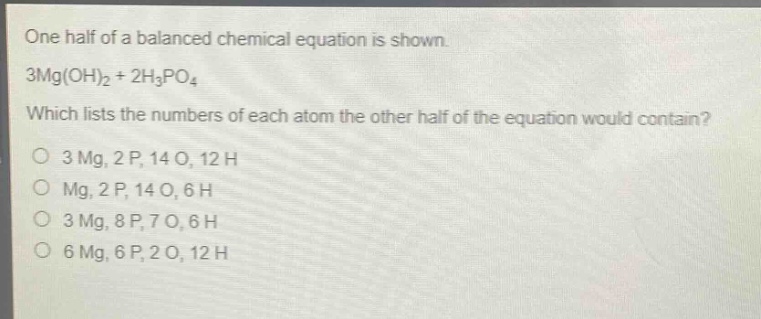 one half of a balanced chemical equation is shown. 3mg(oh)₂ + 2h₃po₄. which lists the numbers of each atom the other half of the equation would contain? 3 mg, 2 p, 14 o, 12 h; mg, 2 p, 14 o, 6 h; 3 mg, 8 p, 7 o, 6 h; 6 mg, 6 p, 2 o, 12 h