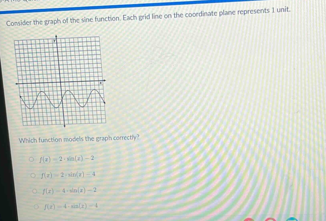consider the graph of the sine function. each grid line on the coordinate plane represents 1 unit. which function models the graph correctly?\n○ (f(x)=2cdotsin(x)-2)\n○ (f(x)=2cdotsin(x)-4)\n○ (f(x)=4cdotsin(x)-2)\n○ (f(x)=4cdotsin(x)-4)