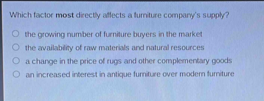 which factor most directly affects a furniture companys supply?\no the growing number of furniture buyers in the market\no the availability of raw materials and natural resources\no a change in the price of rugs and other complementary goods\no an increased interest in antique furniture over modern furniture