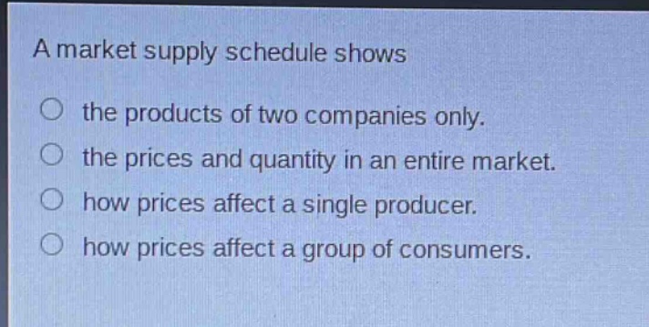 a market supply schedule shows\n○ the products of two companies only.\n○ the prices and quantity in an entire market.\n○ how prices affect a single producer.\n○ how prices affect a group of consumers.