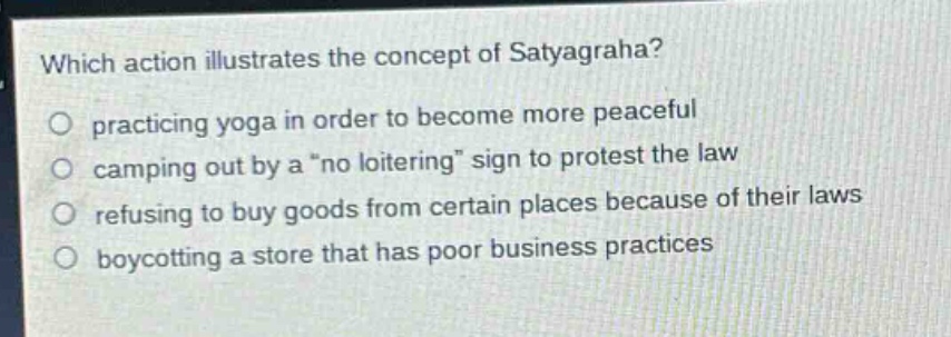 which action illustrates the concept of satyagraha?\npracticing yoga in order to become more peaceful\ncamping out by a \no loitering\ sign to protest the law\nrefusing to buy goods from certain places because of their laws\nboycotting a store that has poor business practices