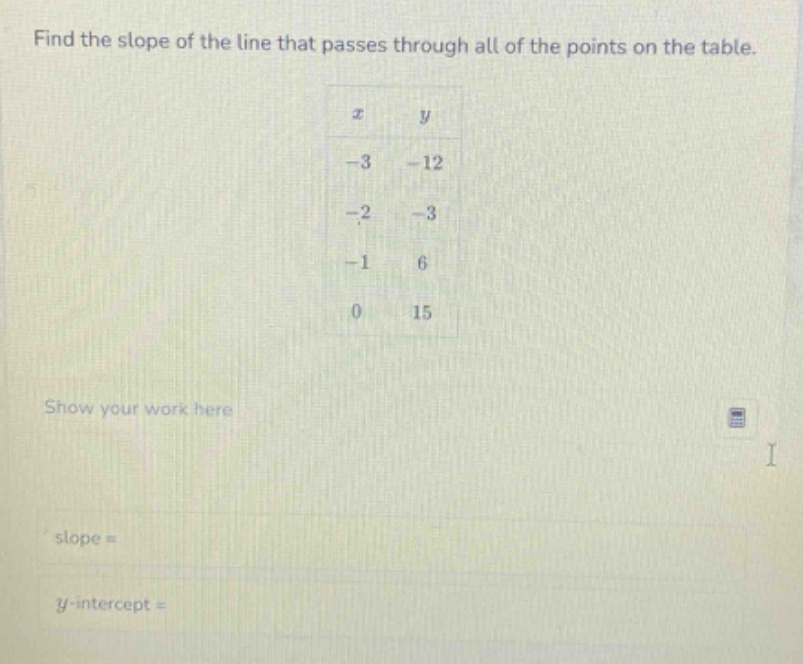 find the slope of the line that passes through all of the points on the table.\nshow your work here\nslope =\ny - intercept =