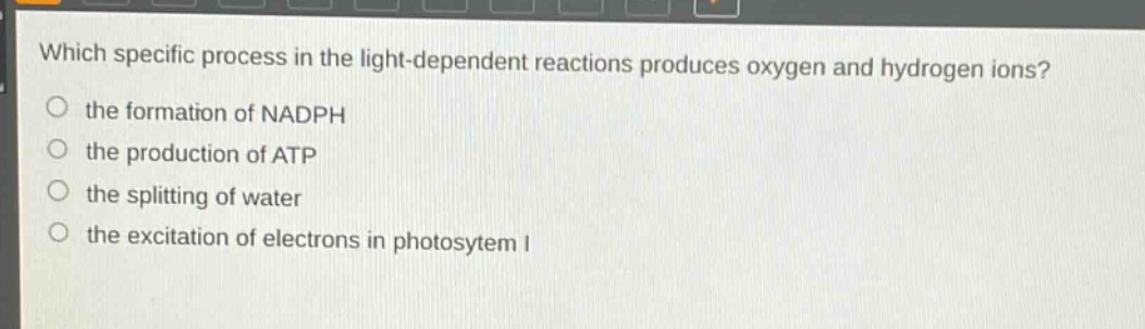 which specific process in the light - dependent reactions produces oxygen and hydrogen ions?\no the formation of nadph\no the production of atp\no the splitting of water\no the excitation of electrons in photosytem i