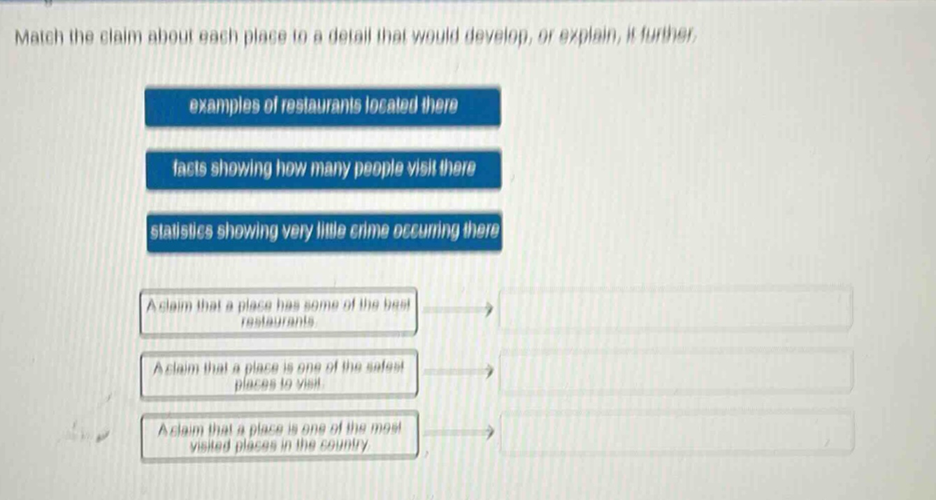 match the claim about each place to a detail that would develop, or explain, it further.\nexamples of restaurants located there\nfacts showing how many people visit there\nstatistics showing very little crime occurring there\na claim that a place has some of the best restaurants.\na claim that a place is one of the safest places to visit.\na claim that a place is one of the most visited places in the country.