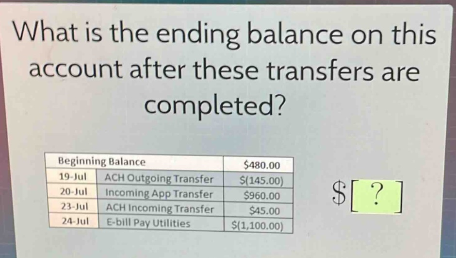 what is the ending balance on this account after these transfers are completed?\nbeginning balance $480.00\n19 - jul ach outgoing transfer $(145.00)\n20 - jul incoming app transfer $960.00\n23 - jul ach incoming transfer $45.00\n24 - jul e - bill pay utilities $(1,100.00)