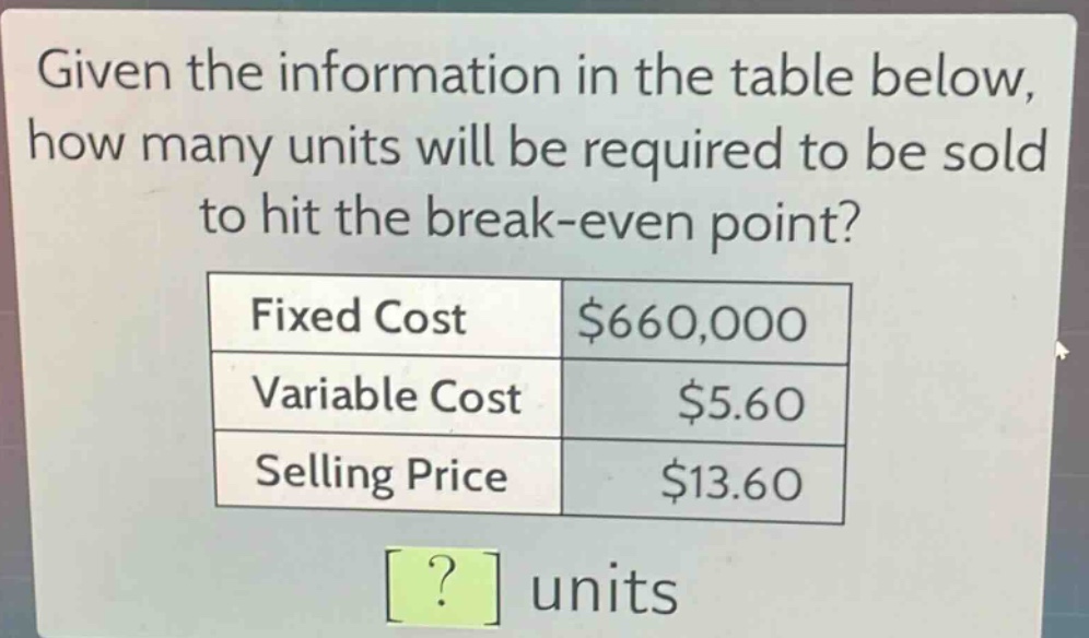 given the information in the table below, how many units will be required to be sold to hit the break - even point?\n|fixed cost|$660,000|\n|variable cost|$5.60|\n|selling price|$13.60|\n? units