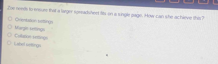 zoe needs to ensure that a larger spreadsheet fits on a single page. how can she achieve this?\norientation settings\nmargin settings\ncollation settings\nlabel settings