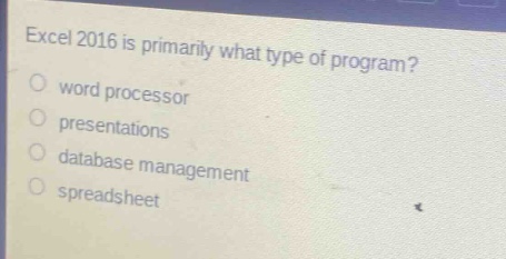 excel 2016 is primarily what type of program?\nword processor\npresentations\ndatabase management\nspreadsheet
