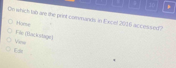 on which tab are the print commands in excel 2016 accessed?\nhome\nfile (backstage)\nview\nedit