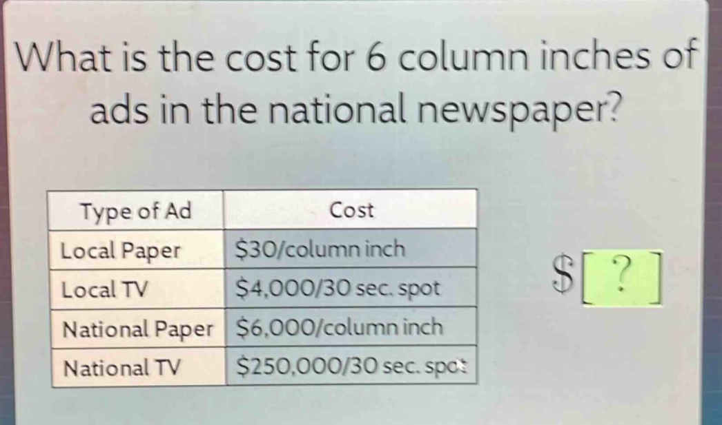 what is the cost for 6 column inches of ads in the national newspaper?\ntype of ad cost\nlocal paper $30/column inch\nlocal tv $4,000/30 sec. spot\nnational paper $6,000/column inch\nnational tv $250,000/30 sec. spot