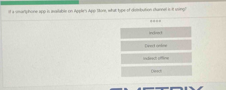 if a smartphone app is available on apples app store, what type of distribution channel is it using?\nindirect\ndirect online\nindirect offline\ndirect