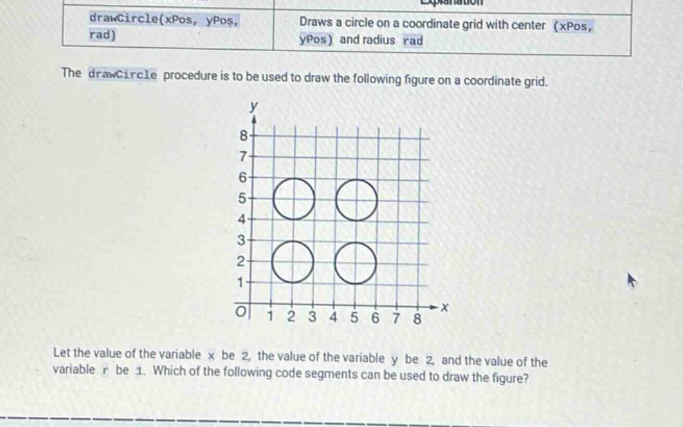 drawcircle(xpos, ypos, rad)\ndraws a circle on a coordinate grid with center (xpos, ypos) and radius rad\nthe drawcircle procedure is to be used to draw the following figure on a coordinate grid.\nlet the value of the variable x be 2, the value of the variable y be 2, and the value of the variable r be 1. which of the following code segments can be used to draw the figure?