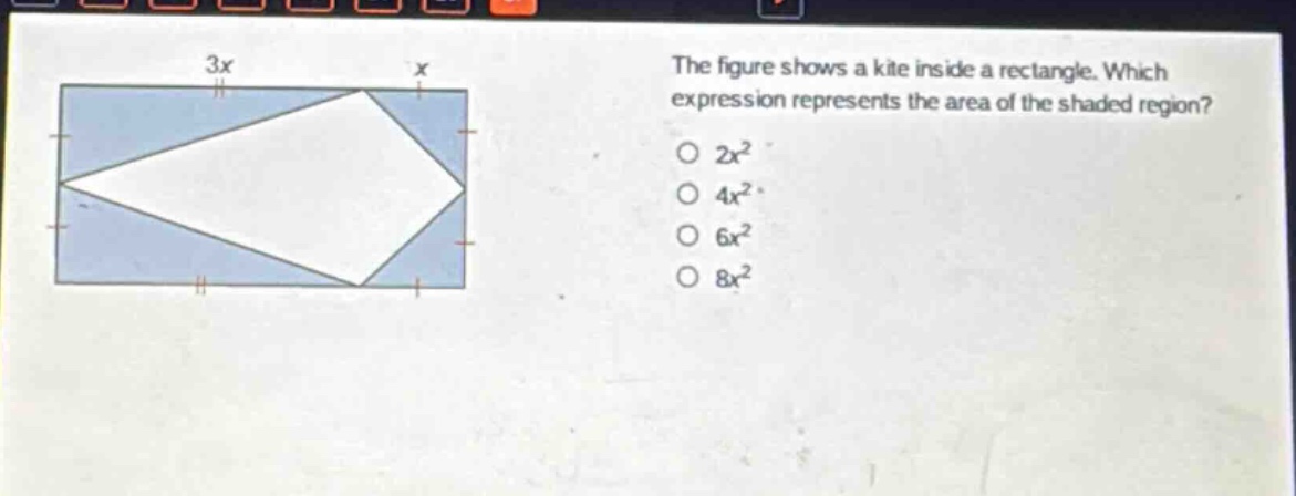 the figure shows a kite inside a rectangle. which expression represents the area of the shaded region? 2x² 4x² 6x² 8x²