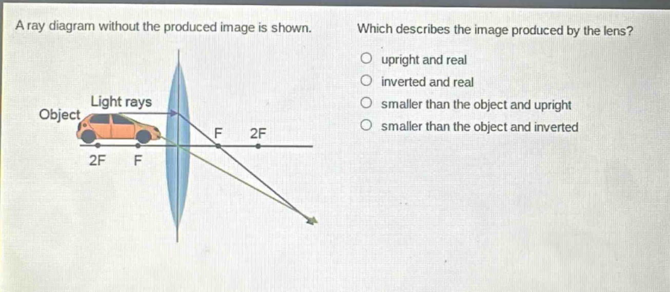 a ray diagram without the produced image is shown. which describes the image produced by the lens? upright and real inverted and real smaller than the object and upright smaller than the object and inverted object light rays f 2f 2f f