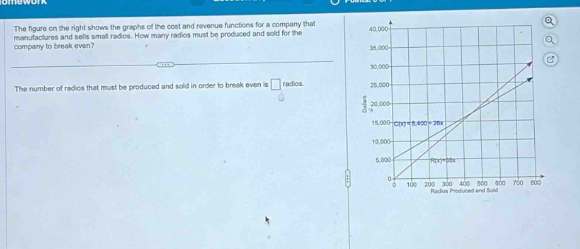the figure on the right shows the graphs of the cost and revenue functions for a company that manufactures and sells small radios. how many radios must be produced and sold for the company to break even? the number of radios that must be produced and sold in order to break even is radios.