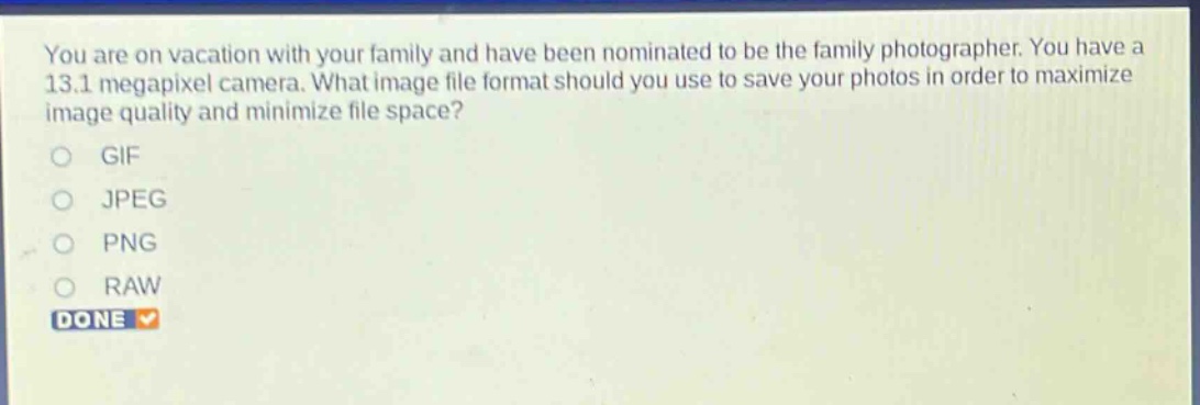 you are on vacation with your family and have been nominated to be the family photographer. you have a 13.1 megapixel camera. what image file format should you use to save your photos in order to maximize image quality and minimize file space?\ngif\njpeg\npng\nraw\ndone