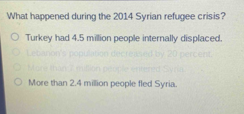 what happened during the 2014 syrian refugee crisis?\no turkey had 4.5 million people internally displaced.\no lebanons population decreased by 20 percent.\no more than 7 million people entered syria.\no more than 2.4 million people fled syria.